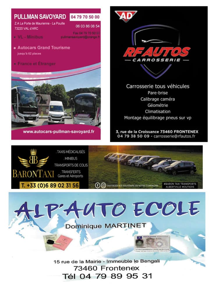 Publicités pour : Pullmans Savoie RF Autos Carrosserie Baron Taxi Alp' Auto Ecole